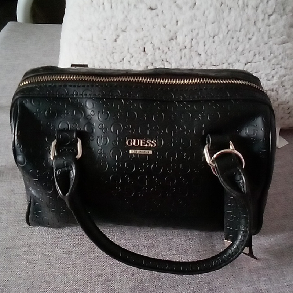 GUESS Black Embossed Logo Satchel with Gold Hardware